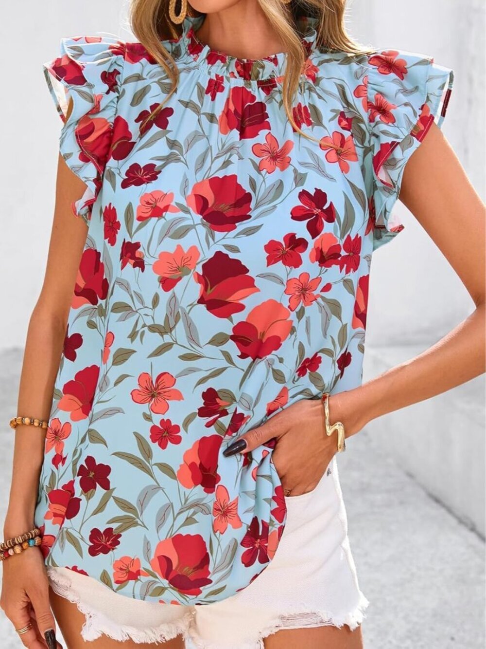 Women's Light Blue Flower Floral Trim Neck Casual Short Sleeve Summer Tops - Picture 3 of 6